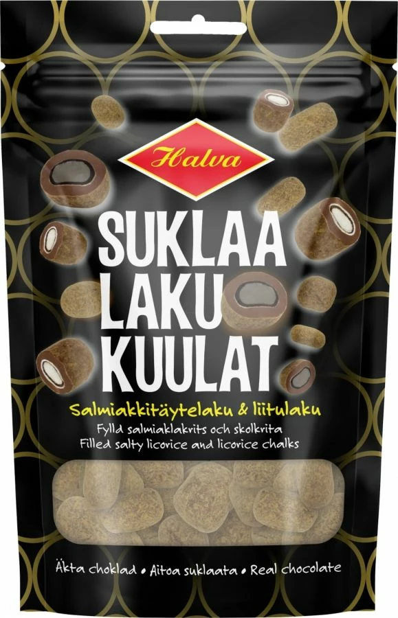 Halva Chocolate Licorice Balls - Filled Salty Licorice & Licorice Chalks 140 G 1 Halva Chocolate Licorice Balls - Filled Salty Licorice & Licorice Chalks 140 G